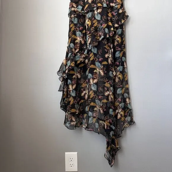 Nicholas Midi Dress US 6 Black Silk Romantic Asymmetric Floral Fairy Whimsygoth - Picture 9 of 10